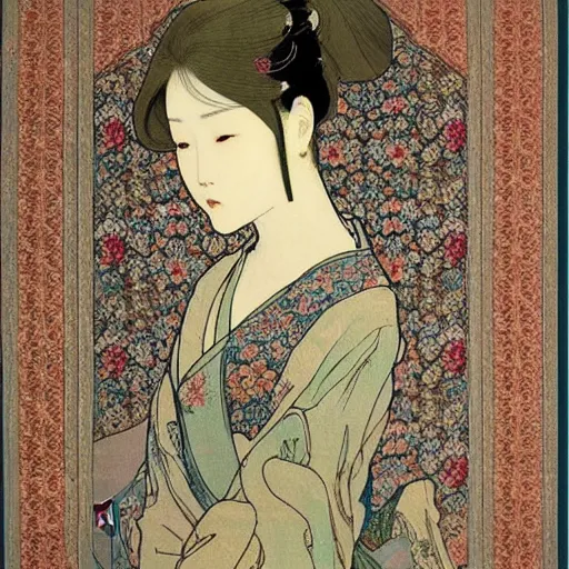 Image similar to Japanese style simple and elegant floral tapestry, Persian carpet, soft colors, by mucha