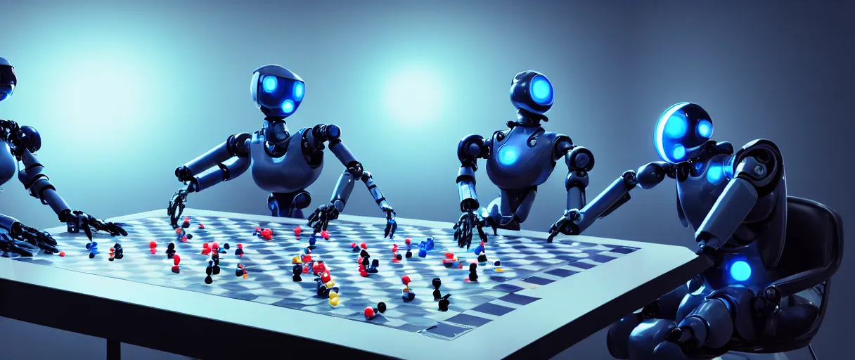 Image similar to a highly detailed photo of two futuristic matte blue full humanoid robots with glowing led eyes and chrome accents, sitting on large midcentury recliners facing off in an intense game of checkers. cinematic movie photograph, cinematic lighting, arri alexa, extremely detailed, smooth, very very clean, 8 k, octane render, maya render, unreal engine, trending on artstation, dslr