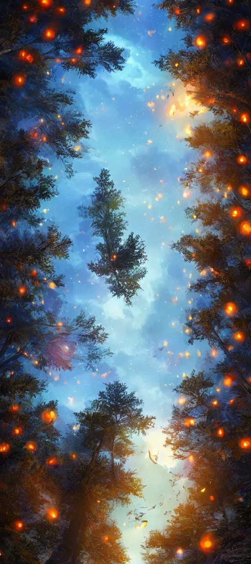 Image similar to vertical panoramic anime still of a character looking up, tall trees, nighttime with fireflies, young character, trending on artstation, digital art