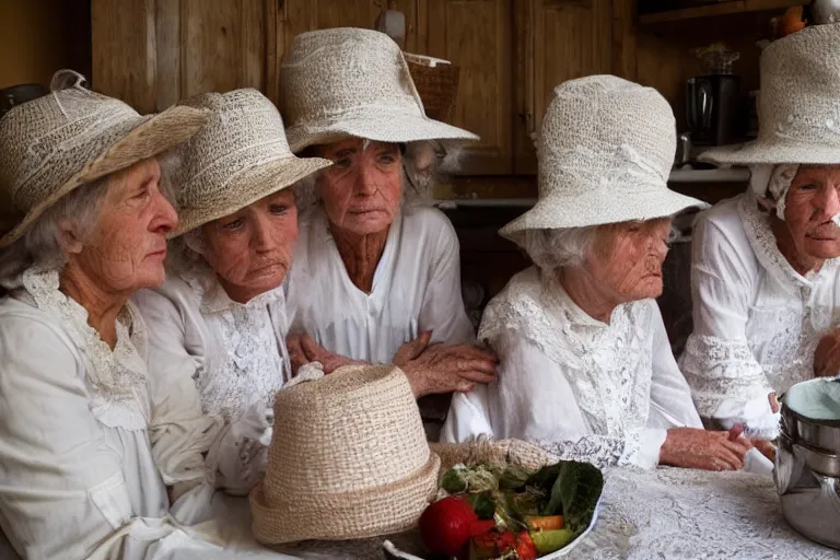 Prompt: close up of three old women from brittany with hats in white lace and folk costumes in a kitchen. they look visibly angry