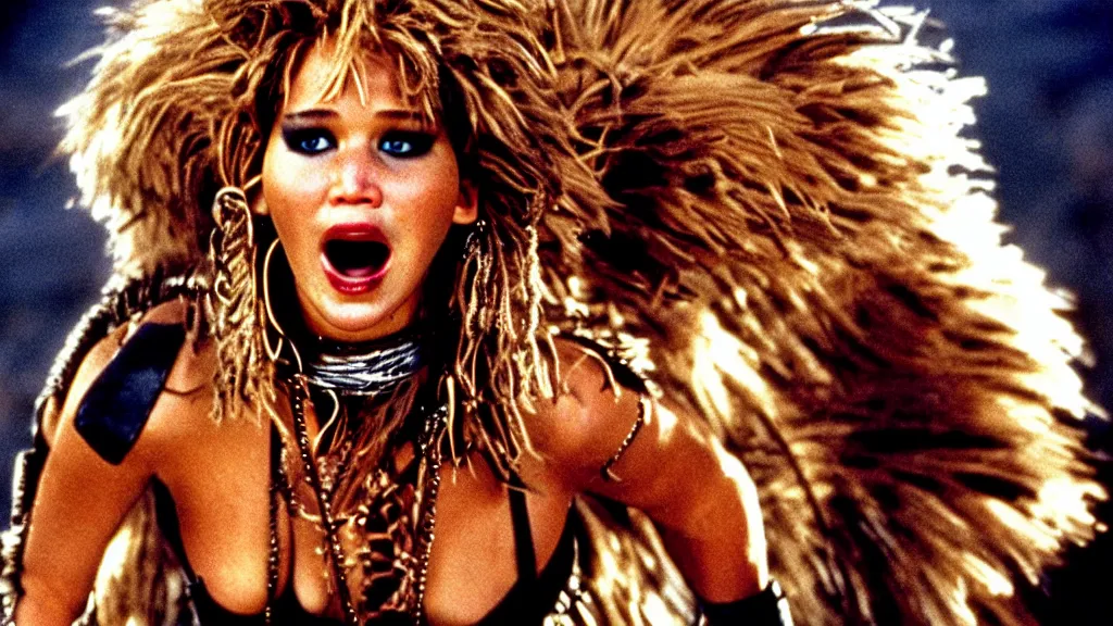 Image similar to jennifer lawrence as tina turner from mad max beyond thunderdome, movie still, editorial photography