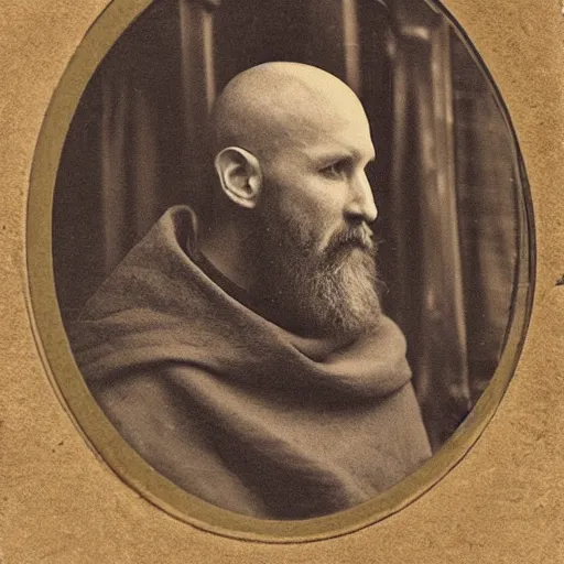 Prompt: tintype photograph of medieval monk, medieval abbot, italian monastery, medieval photograph
