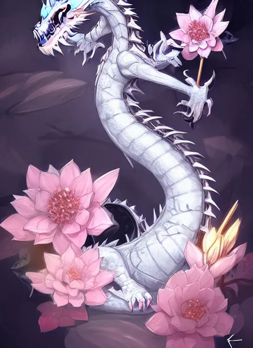 Image similar to cute small dragon, black, white, blue, pink and gold color scheme, flowers, cool, highly detailed, artgerm, cushart krenz, artstation, soft light, sharp focus, illustration, character design, concept art