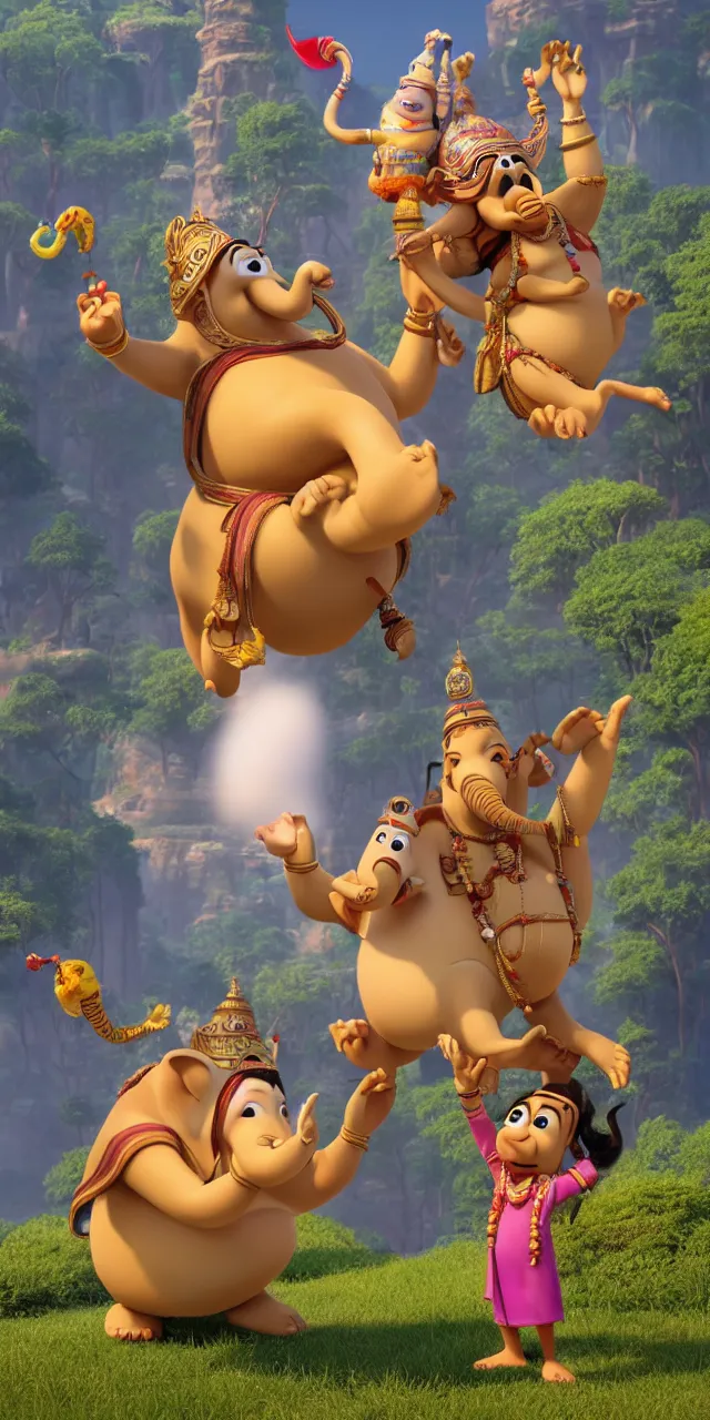 Image similar to ganesh and siddhartha as a pixar disney characters from up 2 0 0 9 unreal engine octane render 3 d render photorealistic