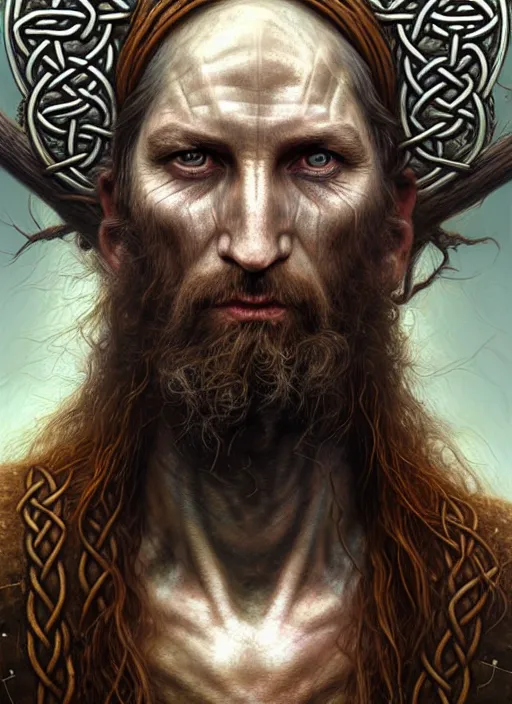 Image similar to closeup portrait shot of a celtic druid in a scenic dystopian environment, intricate, elegant, highly detailed, centered, digital painting, artstation, concept art, smooth, sharp focus, illustration, artgerm, tomasz alen kopera, peter mohrbacher, donato giancola, joseph christian leyendecker, wlop, boris vallejo