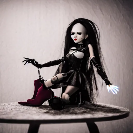 Image similar to lovely realistic robotic high end vampire fashion doll and accessories, on a table under a lamp light shining down over it like a spot light, god rays, dust particles, photorealistic, aesthetic shot, worms eye view, macro camera lens, high definition, thematic, cinematic, lens flare