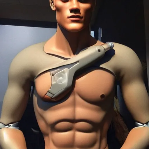 Image similar to “a realistic detailed photo of a guy who is an attractive humanoid who is half robot and half humanoid, who is a male android, Grayson Dolan, shiny skin, posing like a statue, blank stare”
