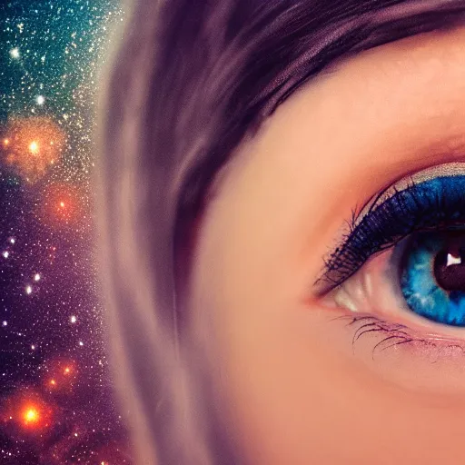 Image similar to a surrealist photograph of a beautiful girl's eyes, vast stars are hidden in the eyes, 8 k, stunning, dream, highly detailed, super macro