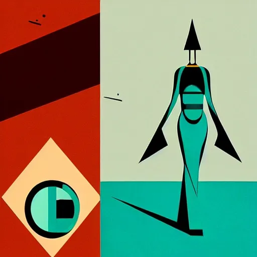 Image similar to “ femme on a galactic shore, noir, solid shapes, geometric art deco, teal palette, plain, no fine details, isaac asimov ”