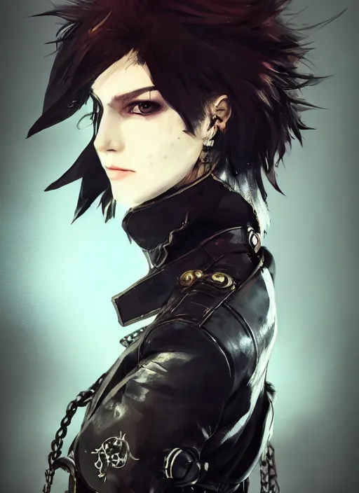 Image similar to Half body portrait of young woman with short hair, eyepatch and ornate leather jacket, pirate attire. In style of Yoji Shinkawa and Hyung-tae Kim, trending on ArtStation, dark fantasy, great composition, concept art, highly detailed, dynamic pose.