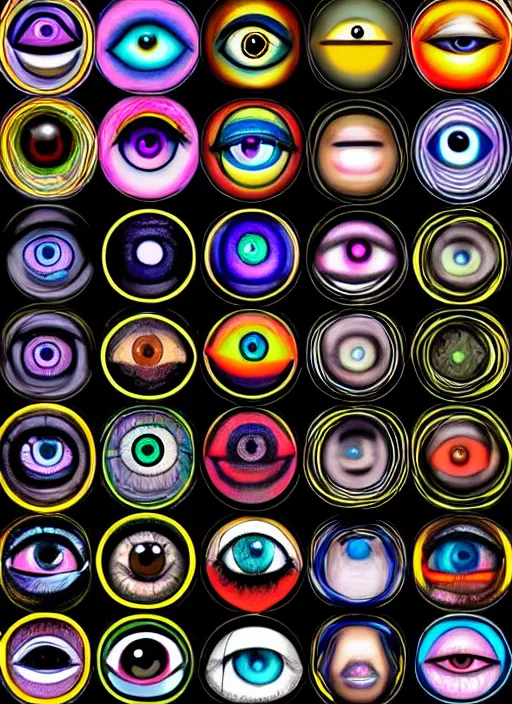 Image similar to diverse eyes!, rotating circle, dot pupils, teams, healing, energetic, life, hybrids, thin glowing devices, reflections, vitals visualiser!!, advanced art, art styles mix, from wikipedia, grid of styles, various eye shapes