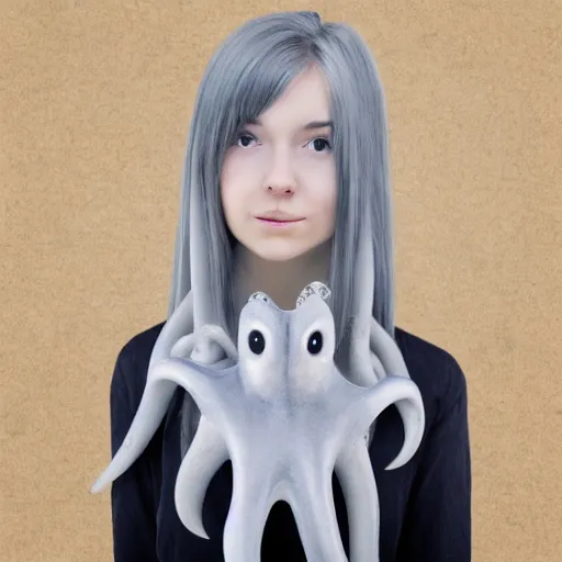 Image similar to A girl with a gray octopus for hair, very young and beautiful face, silver eyes, HD, hyper realistic