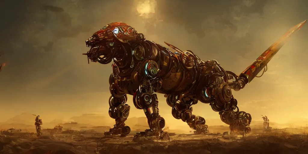 Image similar to robot liger, battlefield with scattered swords, two suns, artstation, cinematic