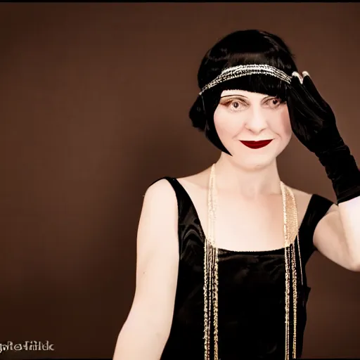 Prompt: a 1 9 2 0 s flapper woman extending her hand in black satin gloves toward the camera, looking at the camera with a smirk : : a jazz party with 1 9 2 0 s people dancing is happening in the background behind her in a dimly lit speakeasy, circa 1 9 2 4, depth of field, realistic oil painting