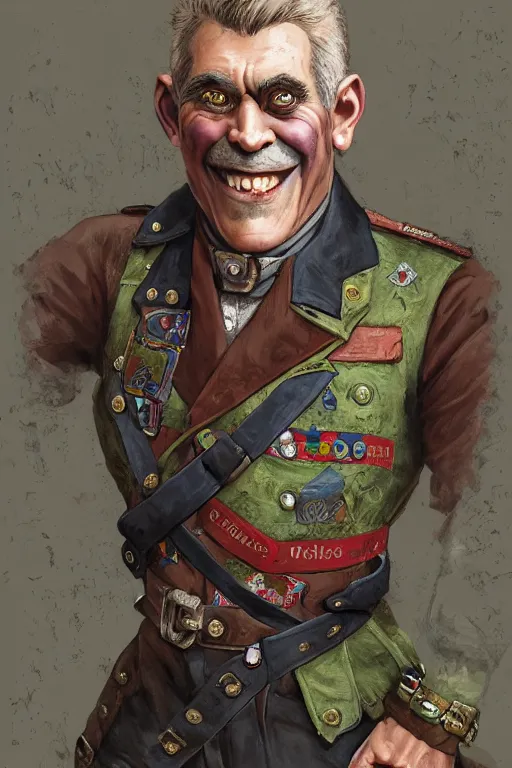 Image similar to nineteenth century style portrait of a middle aged half orc with a bemused smile on his face. dressed in a patchwork military uniform jacket with cut sleeves, runic arm tattoos, sharp focus, illustration, digital painting, art by magali villeneuve