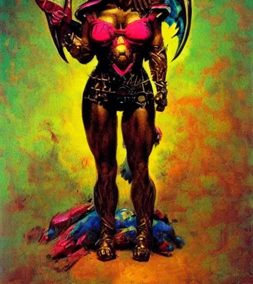 Image similar to portrait of strong iranian female chaos angel, beautiful! coherent! by frank frazetta, by brom, strong line, vivid neon color, shining metal power armor, iron helm, high contrast, maximalist