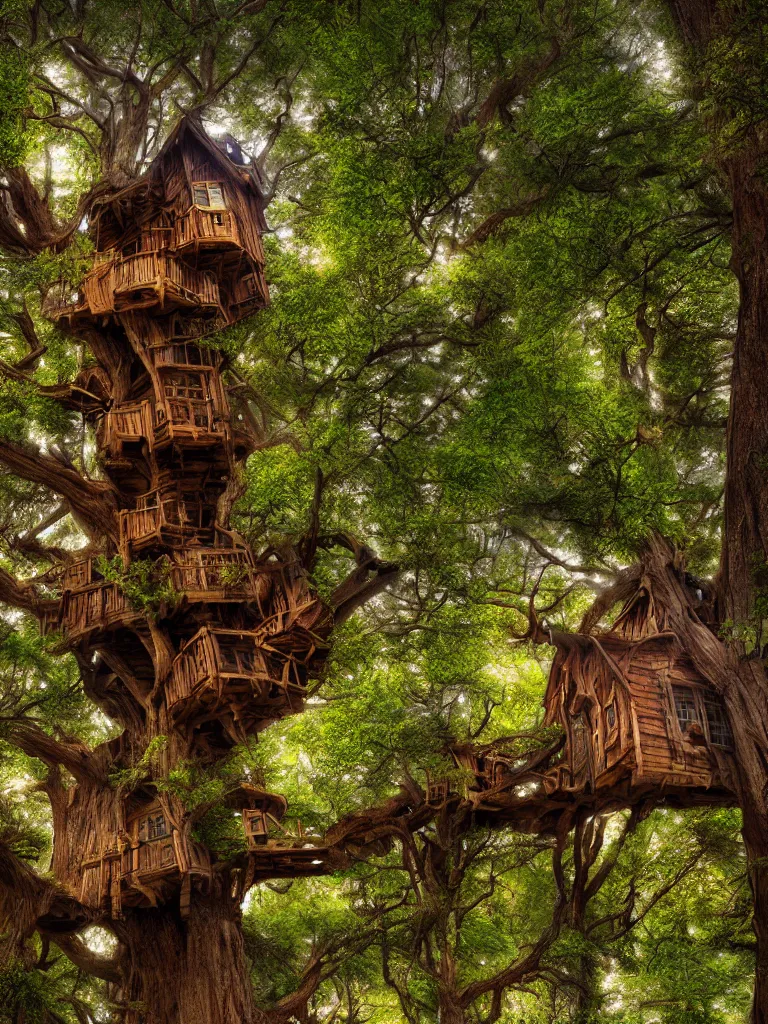 Prompt: amazing treehouse by marc adamus, 4 k, photograph, professional, hdr, color corrected, highly detailed, sharp focus