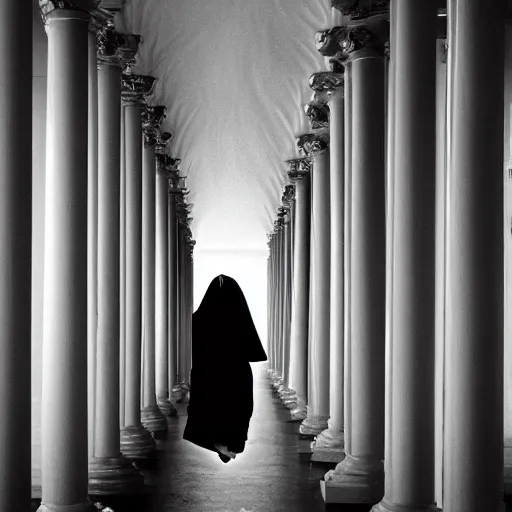 Prompt: nightmare vision, depth of field. black and white, award winning photo of smiling levitating twin nuns, wearing translucent sheet, Mary in a sanctuary, mirror hallways, eerie, tall columns, faces emerging from columns, frightening, highly detailed 8k —width 1024 —height 1024