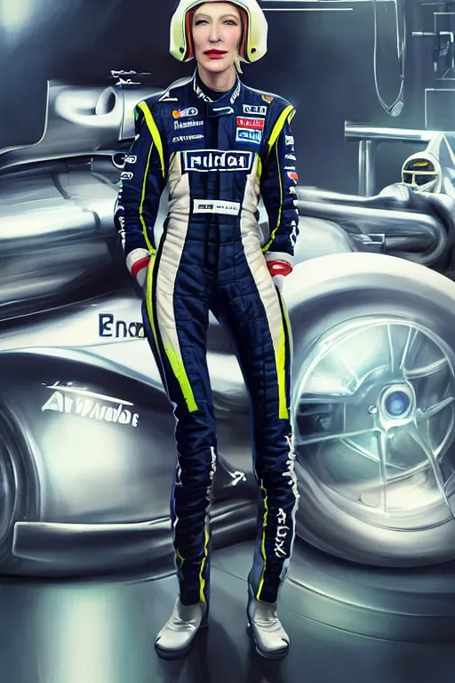 Prompt: portrait of cate blanchett dressed as a formula one racer, wearing formula one racer uniform, at formula one racing car repair room, ssci-fi, fantasy, intricate, very very beautiful, elegant, human anatomy, neon light, highly detailed, digital painting, artstation, concept art, soft light, smooth, sharp focus, illustration, art by tian zi and WLOP and alphonse mucha