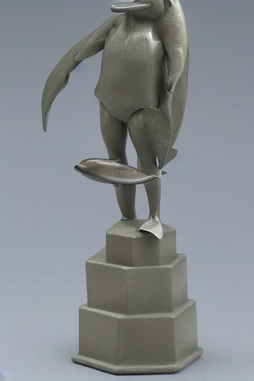 Image similar to a plastic figurine of a dolphin man on a hexagon base, highly detailed