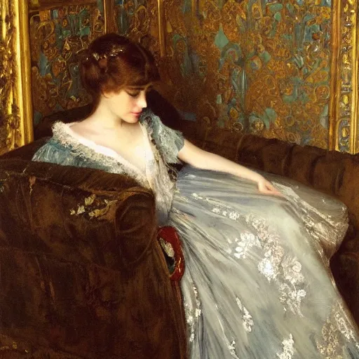 Image similar to young victorian lady in ball gown falling asleep while reading a book, painted by alfred stevens