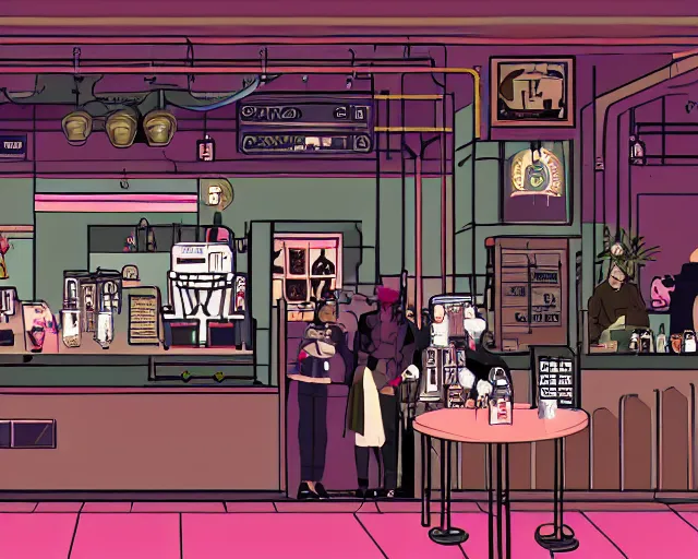 Image similar to coffee shop cyberpunk in the style of george barbier