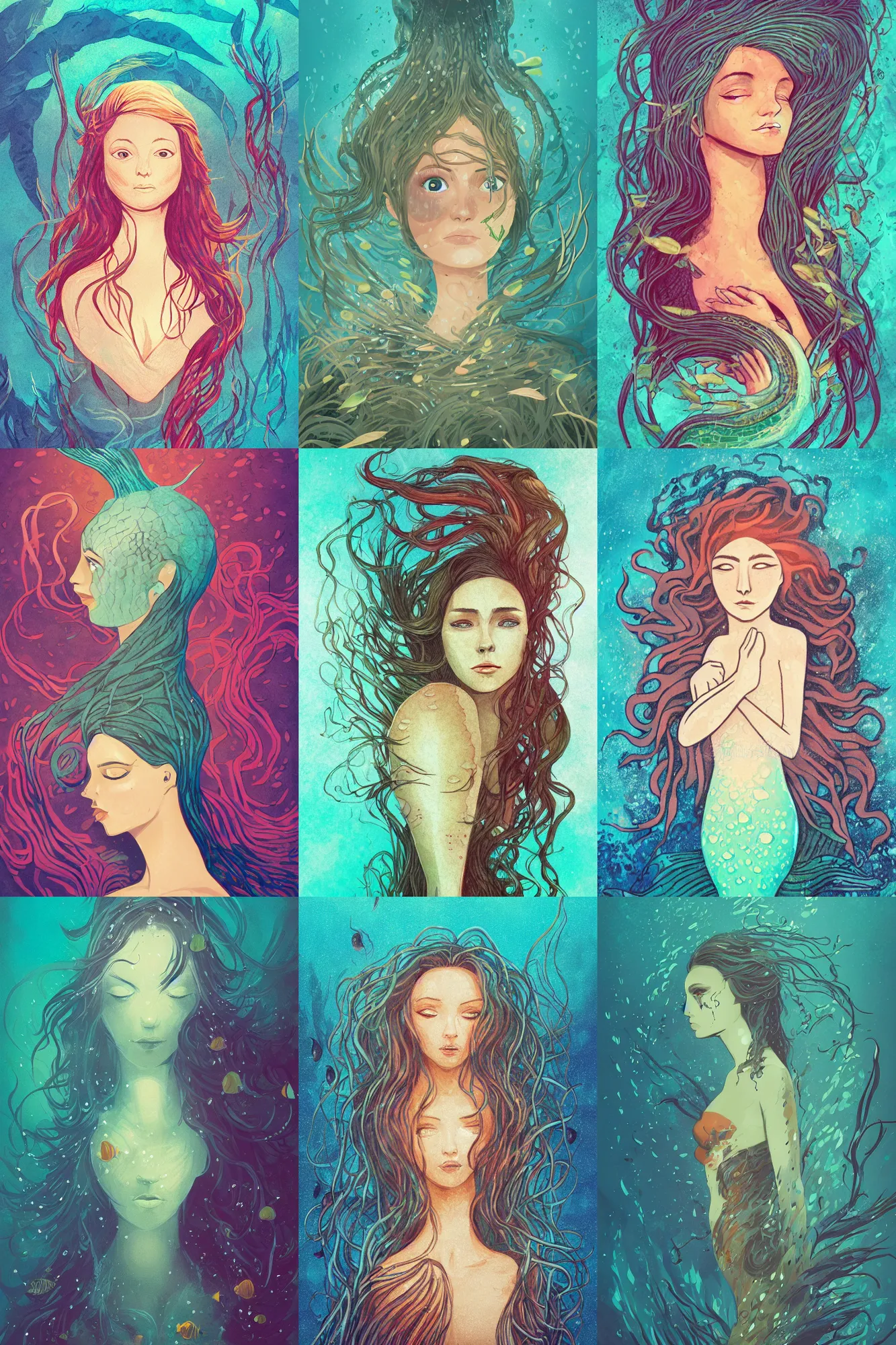 Prompt: head and shoulder portrait illustration of a mermaid under the sea, surrounded by kelp, fish swimming around, art by Anato Finnstark