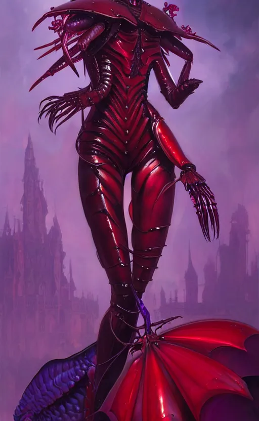 Image similar to Gothic crustacean princess in red and purple chitin armor, sci-fi, highly detailed, digital painting, artstation, concept art, smooth, sharp focus, illustration, art by artgerm and greg rutkowski and alphonse mucha