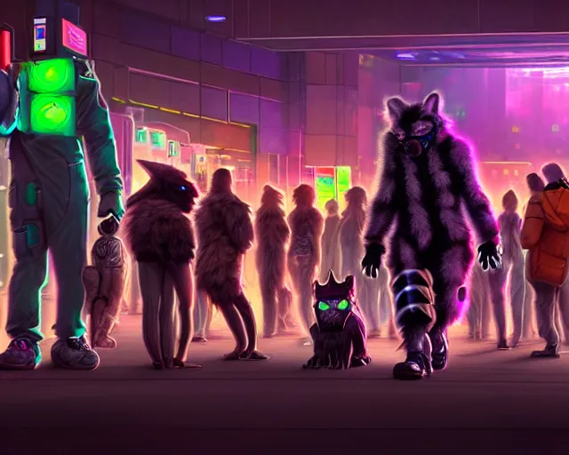 Image similar to high - resolution photograph from a cyberpunk era furry fandom convention ( midwest furfest 2 0 4 7 ), taking place after the genetic revolution and singularity. photorealistic.