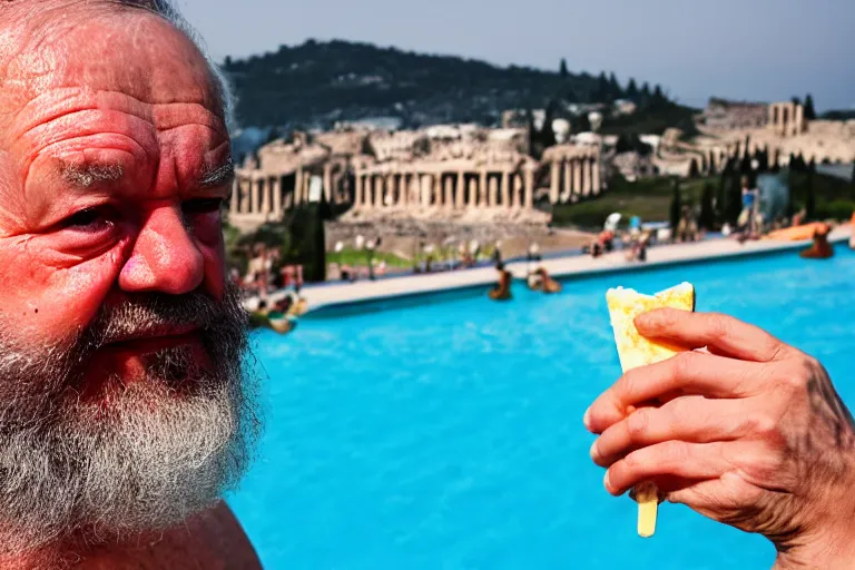Image similar to A Martin Parr closeup portrait of Socrates eating a hemlock popsicle at the last pool party he will ever attend, a large cloud of fire engulfs him, the acropolis can be seen in the background, in the style of Martin Parr The Last Resort, ring flash closeup photograph