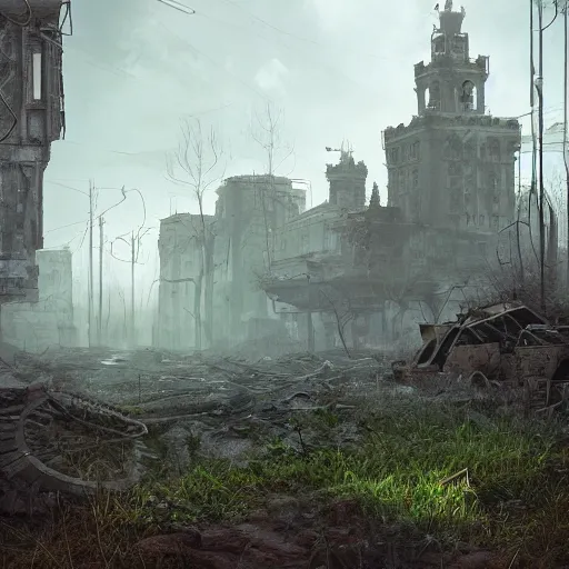 Image similar to post-apocalyptic overgrown moscow after losing the war, digital art, octane render, beautiful composition, trending on artstation, masterpiece