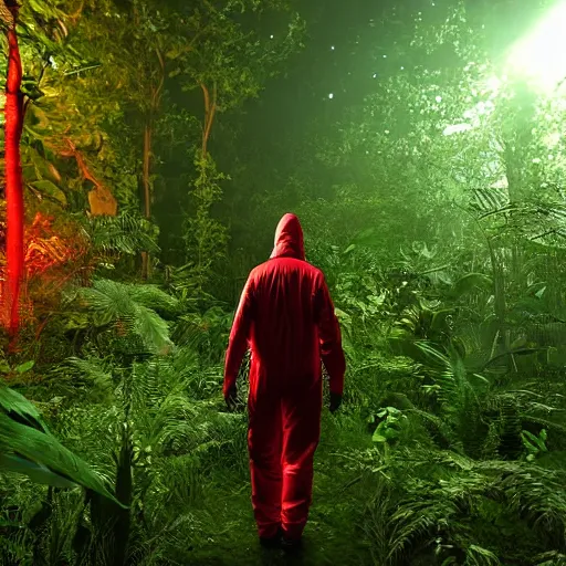 Prompt: a man wearing a hazmat suit, walking through a lush jungle, at night, red glow, unreal engine 5, ray traced, god rays, extremely high detail