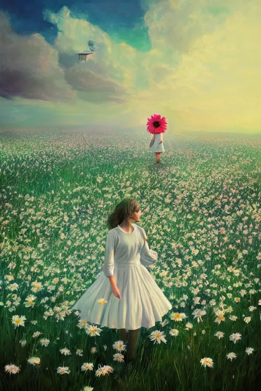 Prompt: floating white daisy flower as head, girl dancing in a flower field, surreal photography, sunrise, dramatic light, impressionist painting, colorful clouds, digital painting, artstation, simon stalenhag