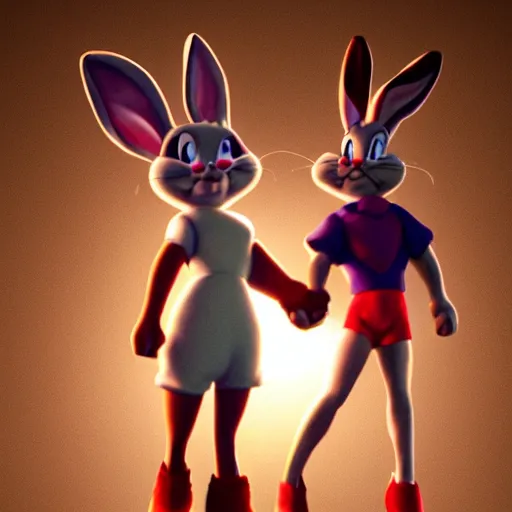 Prompt: Lola Bunny and Bugs Bunny holding hands, romantic lighting, cinematic, highly detailed