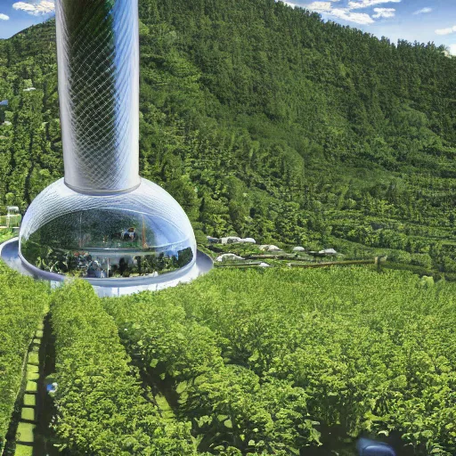 Image similar to vertical farms and white sci - fi dome in a steep sided valley with trees, a sense of hope and optimism, busy workers, hyper realistic, high res, 4 k, warm light, edouard groult, bynde, kirill leonov