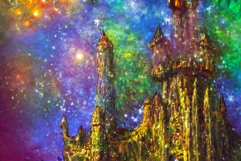 Image similar to impressionist painting of a sorcerer's magical tower, dark tones, bright flash, ant's eye view, ground view, intricate magic details, wizard tower, bursting with magic