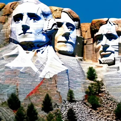 Prompt: a photo of mount rushmore after donald trump's face had been added. the photo clearly depicts the facial features of donald trump and his particular hair style carved into the stone at the mountain top, regal, pensive, powerful, just