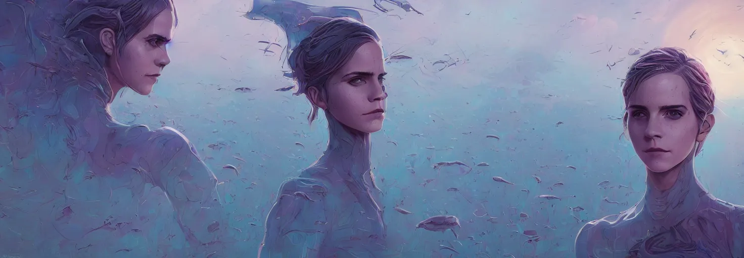 Prompt: surrealism art post grunge concept art, a study of an alien female Emma Watson, by josan gonzales and wlop, highly detailed, intricate, sci-fiish landscape, sharp focus, high detail, UHD, 4k, Trending on Artstation HQ, deviantart