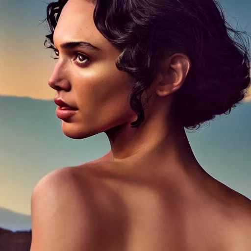 Image similar to woman who is a genetic combination of gal gadot and beyonce face and upper - body focus renaissance female in soft dreamy light at sunset, contemporary fashion shoot by edward robert hughes, annie leibovitz and steve mccurry, david lazar establishing shot, artistic, hyperrealistic