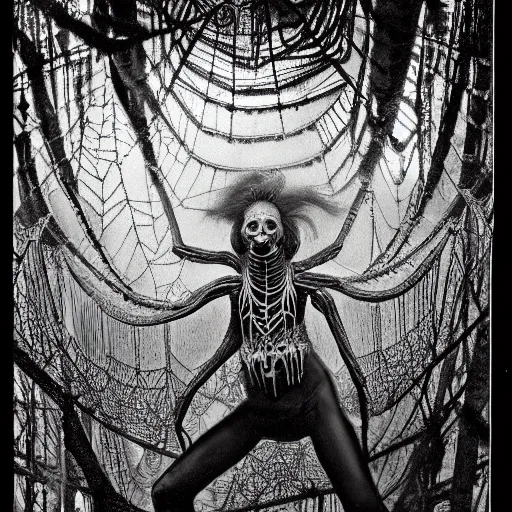 Image similar to 1860 photo of an ancient fractal spider-woman-demon on an abandoned factory on the middle of a forest, spooky , spider webs, devouring the human soul, veins, arteries, intricate, golden ratio, full frame, microscopic, elegant, highly detailed, ornate, ornament, sculpture, elegant , luxury, beautifully lit, ray trace, 3d, PBR