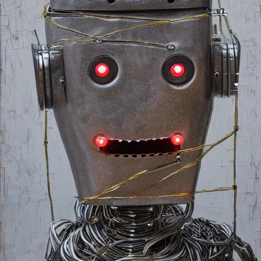 Prompt: a detailed portrait of a vagabond robot in dessert rags, 4 k, photorealism, silver metal robot, exposed wires, circuitry, extremely detailed