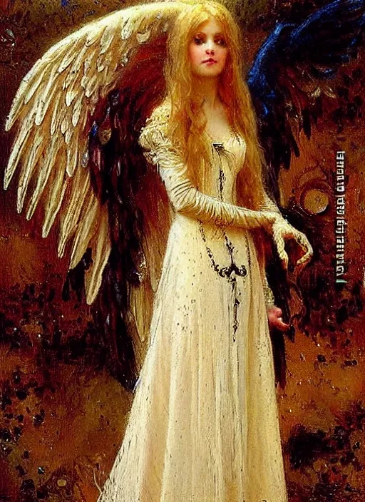 Image similar to vertical prtrait of an angel knight gothic girl, baroque dress. by gaston bussiere