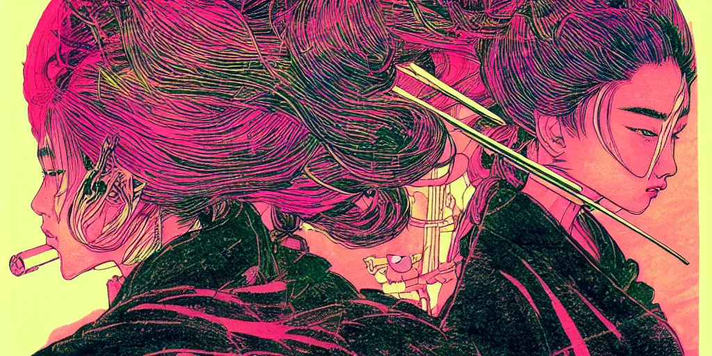 Image similar to a close - up grainy, risograph drawing, hyper light drigter, neon colors, a big porcelain glossy geisha head, with long hair, floating above the sharp peaks weapons, style by moebius and kim jung gi