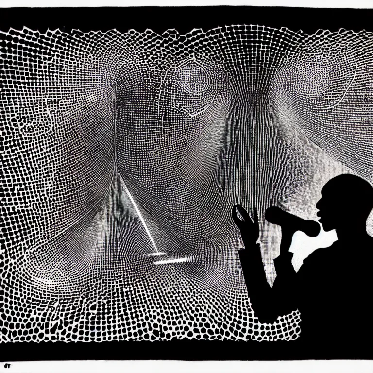 Prompt: rapping into microphone, epic angle, profile view, silhouetted, distinct, psychedelic hip-hop, laser light show, beams of light, illustrated by Victor Moscoso