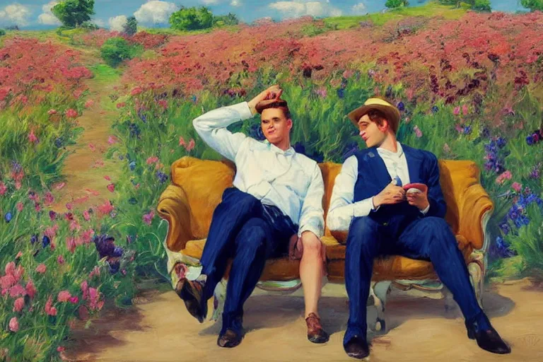 Prompt: 2 attractive men sitting on a coach in flower field, blue sky with clouds, painting by vladimir volegov, j. c. leyendecker, tom of finland, trending on artstation