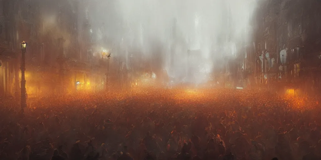 Prompt: a heavy swirling fogduring a parade, soft lighting, night, stephen bliss, misty, unreal engine, digital art, 8 k, oil painting, fantasy art, illustration, detailed and intricate environment