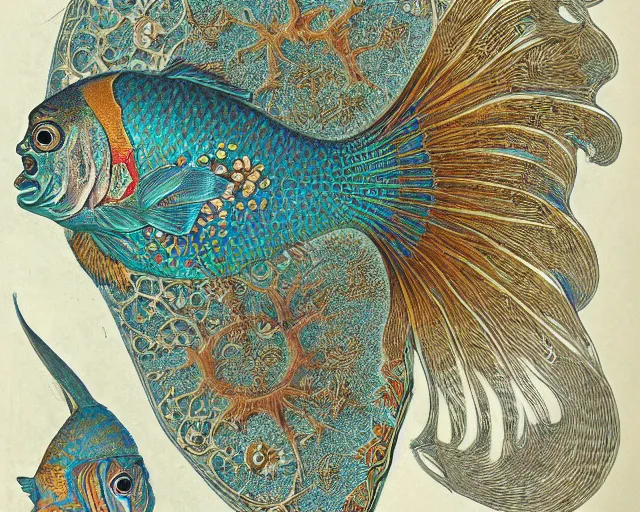 Image similar to hyperrealistic image of a beautiful fish, intricate ornamental gothic designs, heavily decorated, art by ernst haeckel, james jean,