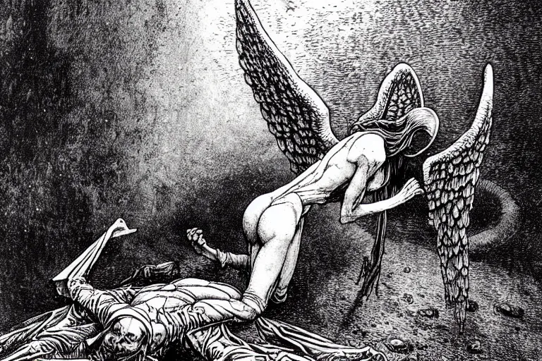 Image similar to 3 5 mm photo of a fallen angel begs to enter the gates of hell by philippe druillet and gustave dore and les edwards and much a and moebius and hieronymus bosch