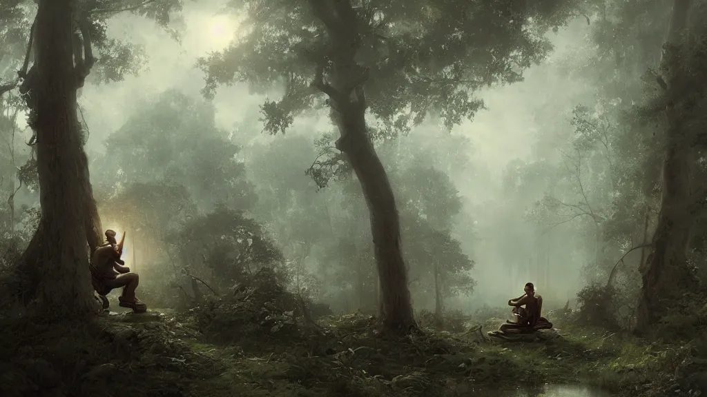 Image similar to sun wukong sitting alone in the melancholy forest. andreas achenbach, artgerm, mikko lagerstedt, zack snyder, tokujin yoshioka