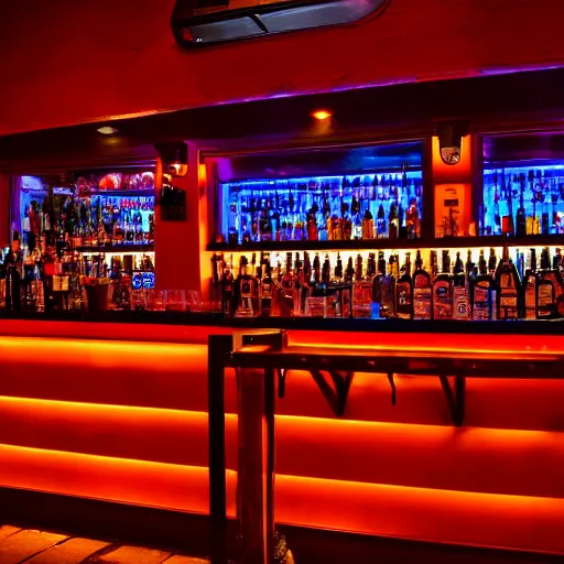 Image similar to a full shot of a bar with orange lighting, nighttime